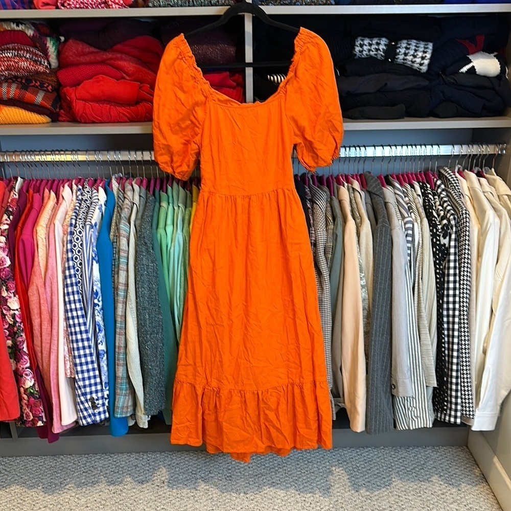 Who What Wear orange puff sleeve open back with tie midi dress size XS